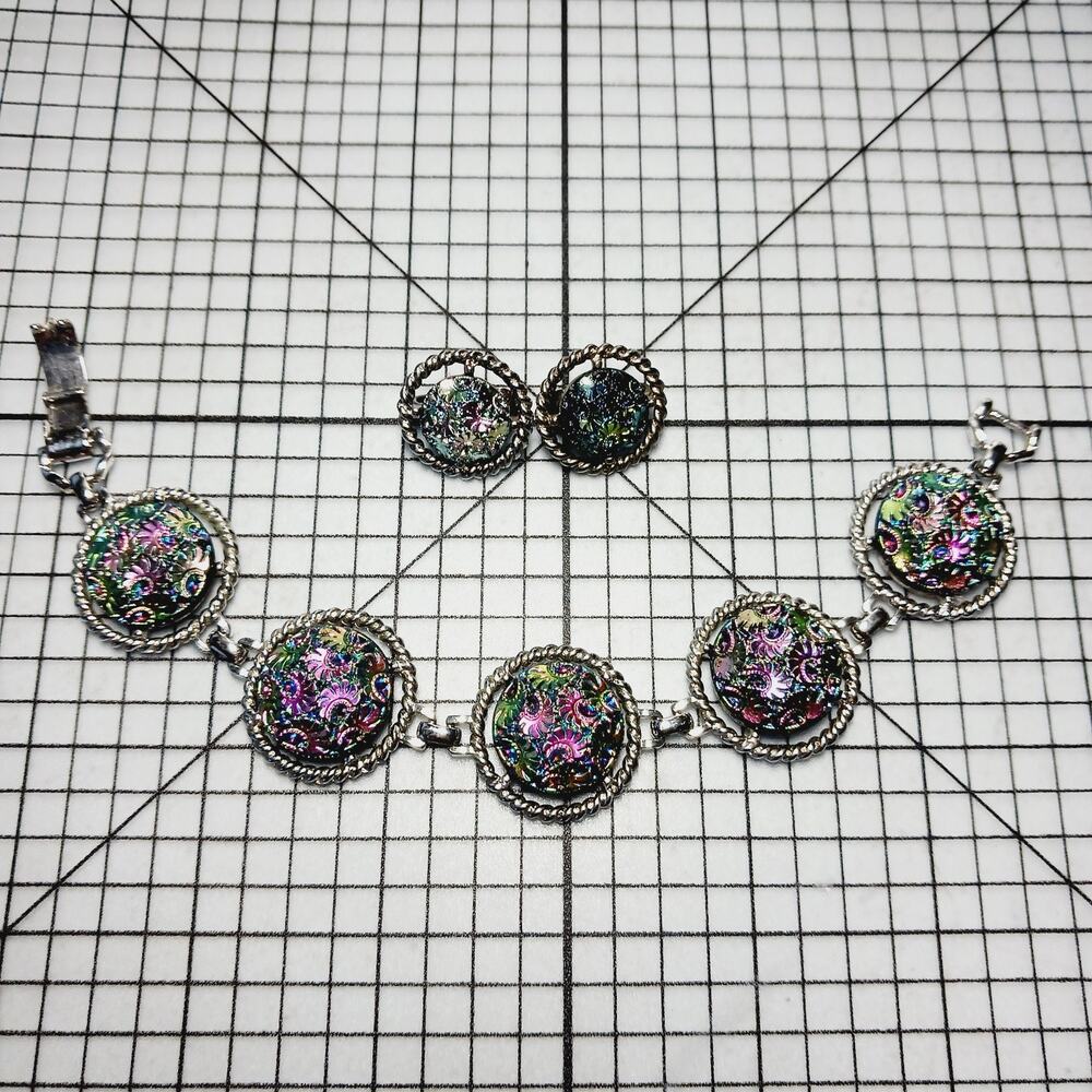 Bracelet Earring Set VTG Sarah Coventry Iridescent Art Glass Clip Demi Cabochons